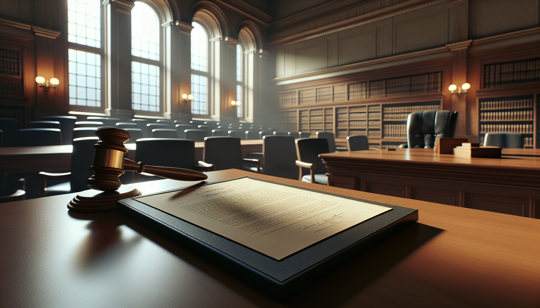 Legal petition document on a courtroom desk with a gavel