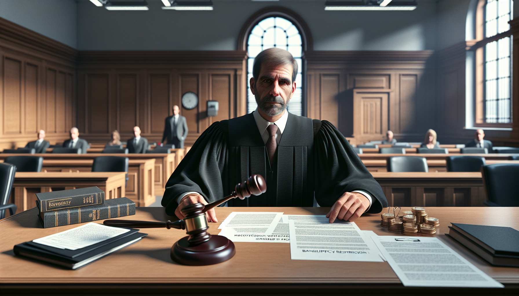 Judges gavel on desk with bankruptcy restriction order documents in UK courtroom